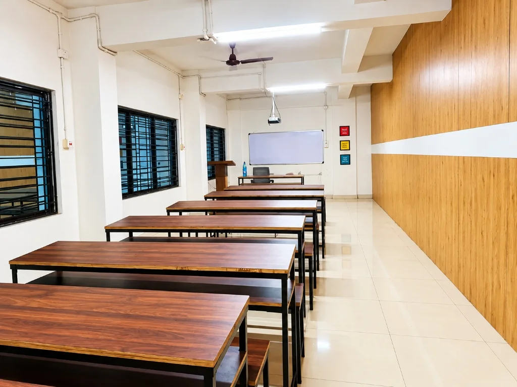 Spacious Acoustic Smart Classroom with Presentation Display and Wooden Paneling